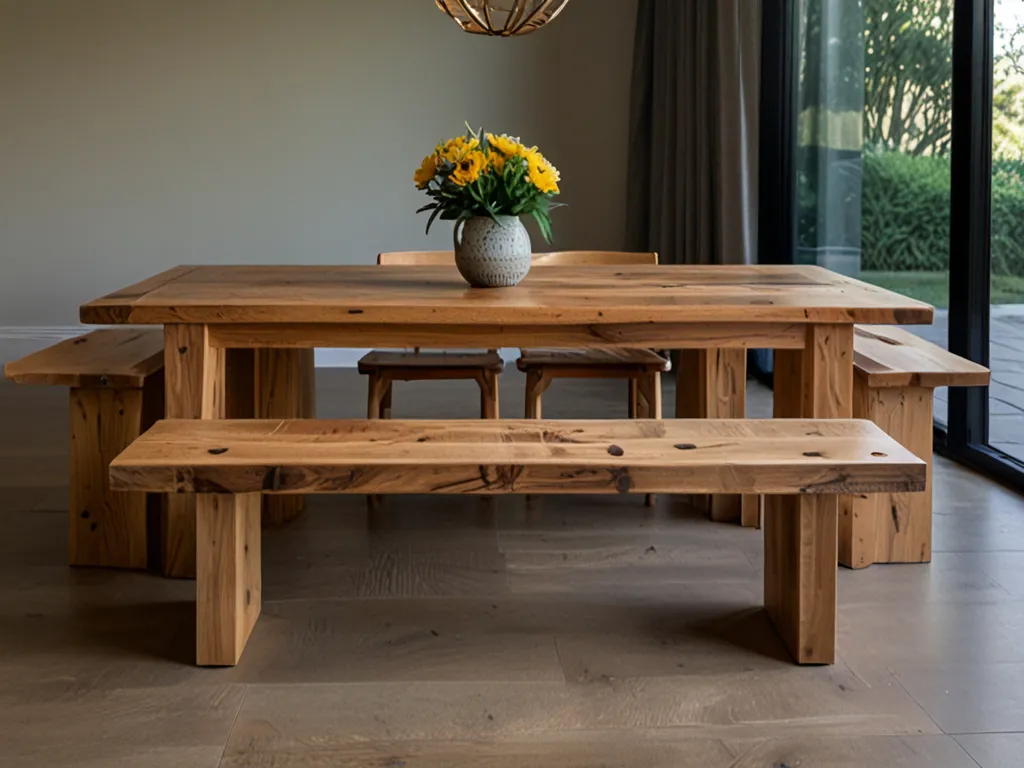 Handcrafted wooden dining table with bench seating