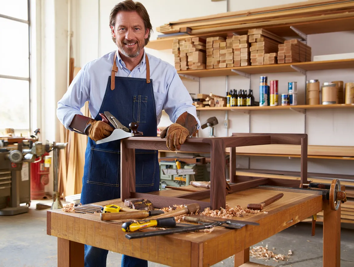 Craftsman working on wooden furniture piece in workshop